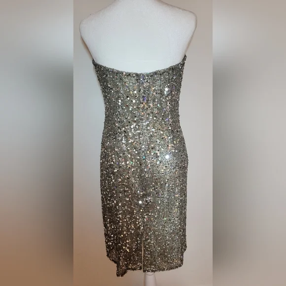 Scala Sequin 100% Real Silk Beaded Mini Dress Sz L Strapless - Picture 11 of 15